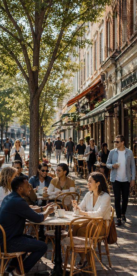 A walkable city street with cafés and people spending time outside