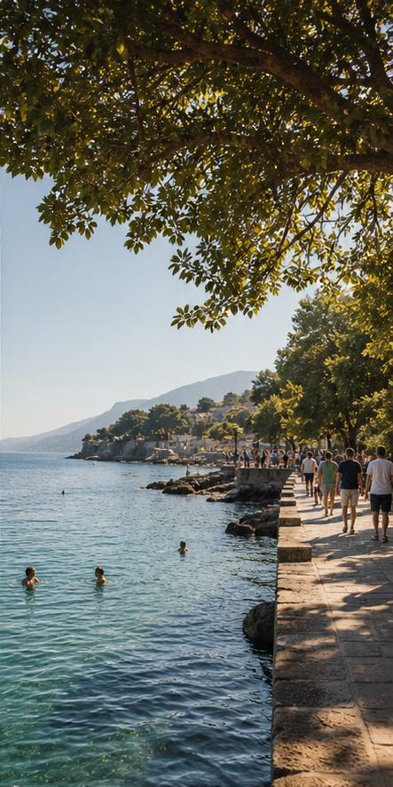 A warm coastline beside a shaded pedestrian promenade