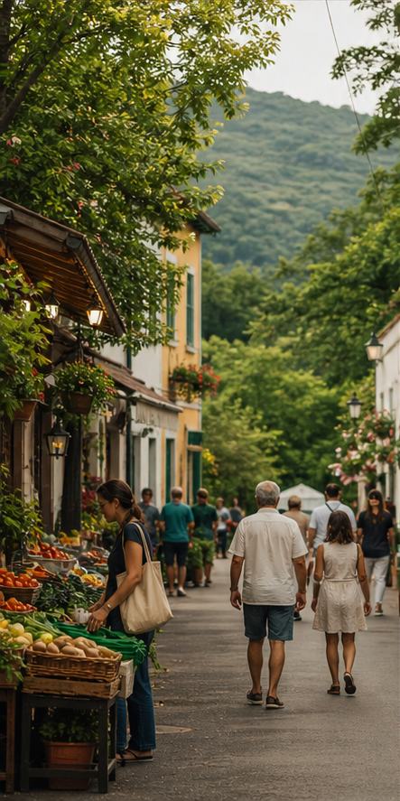 A quiet green town street with a neighborhood produce market